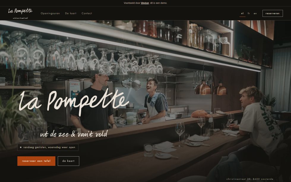 The rebuilt La Pompette website: the name in white handwriting over a photo of the bar, with two staff members behind the counter.